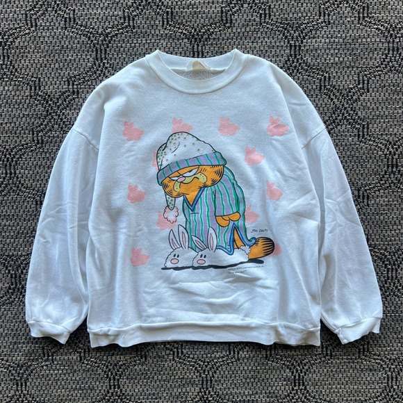 Mitey Miss Tops - Vintage Garfield Sweatshirt Womens Large White Cat Comic Bunny Slippers 90s
